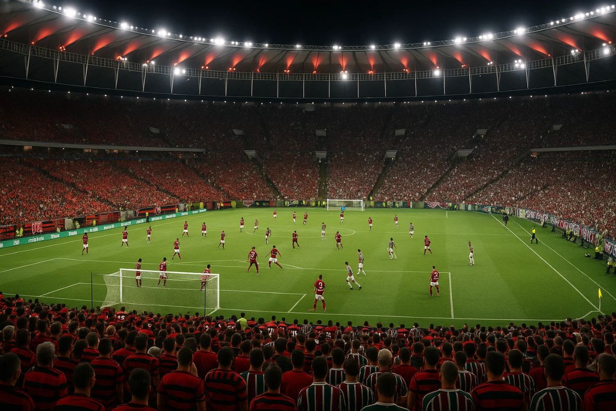 Imagem da arquibancada mostrando o jogo do Flamengo e Fluminense