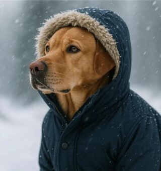 Um cachorro com frio na neve