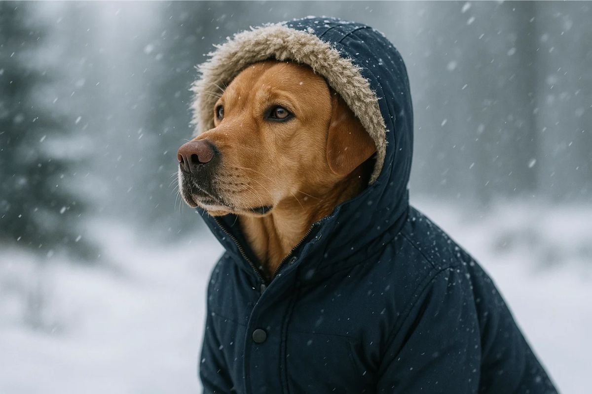 Um cachorro com frio na neve