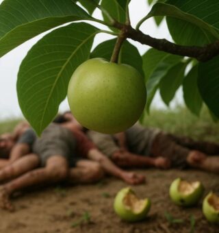 Imagem com foco na Fruta da morte e ao fundo, algumas pessoas deitadas ao lado de três frutos comidos