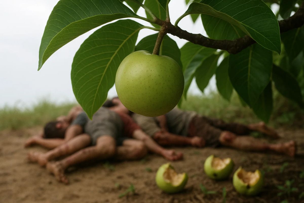 Imagem com foco na Fruta da morte e ao fundo, algumas pessoas deitadas ao lado de três frutos comidos