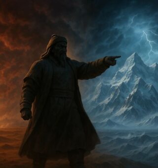 Imagem de Genghis (uma estátua de pedra) Khan entre o fogo e o gelo