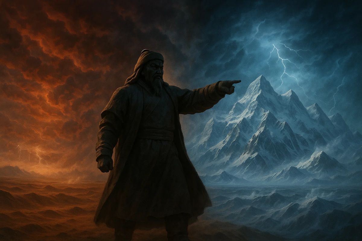 Imagem de Genghis (uma estátua de pedra) Khan entre o fogo e o gelo