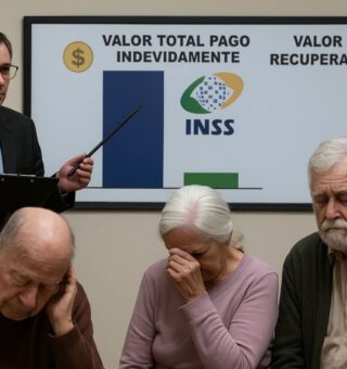 Um agente do INSS mostra o relatório a 3 idosos da recuperação do dinheiro devido