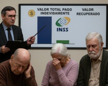 Um agente do INSS mostra o relatório a 3 idosos da recuperação do dinheiro devido