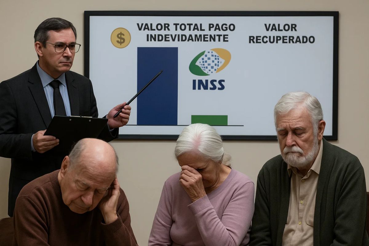 Um agente do INSS mostra o relatório a 3 idosos da recuperação do dinheiro devido
