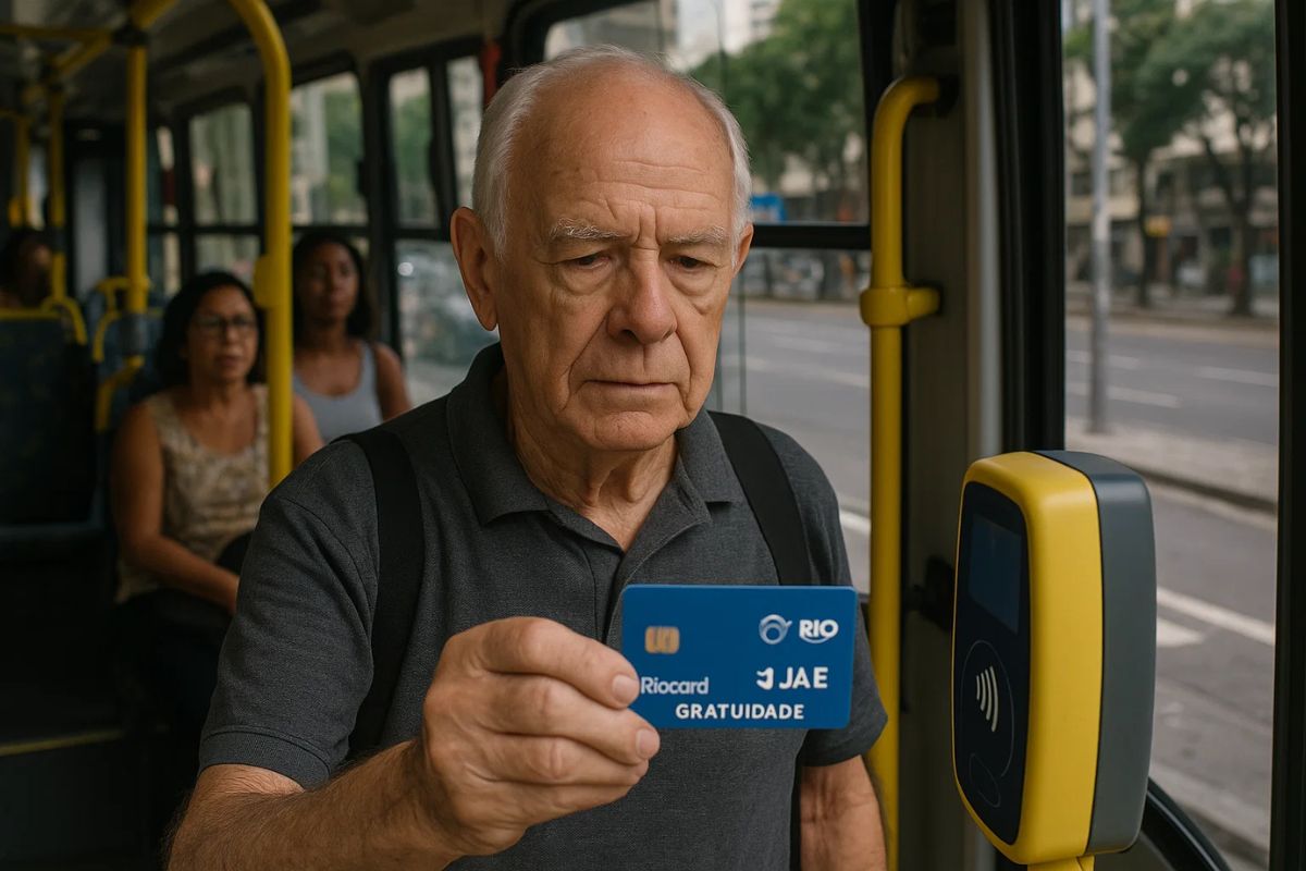 Um dos Idosos com mais de 65 anos tentando entrar no ônibus com seu cartão