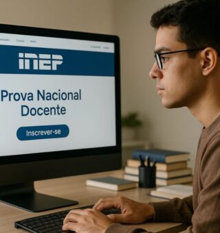 Um rapaz em frente ao computador na tela de inscrições no INEP