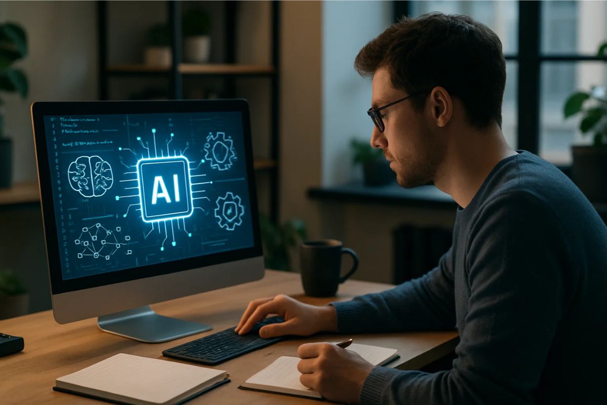 Um rapaz estudando um curso de Inteligência Artificial no computador da sua casa
