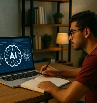 Um rapaz estudando um curso de Inteligência Artificial no computador da sua casa