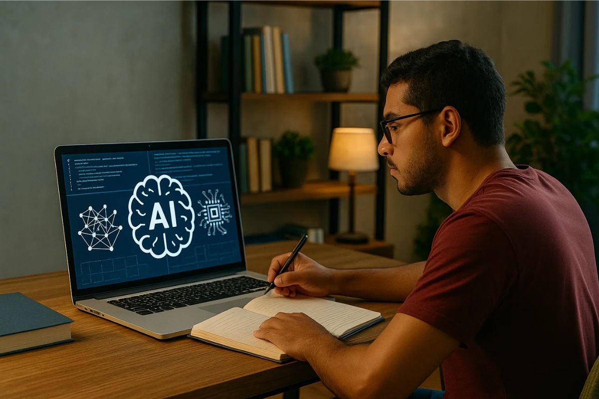 Um rapaz estudando um curso de Inteligência Artificial no computador da sua casa