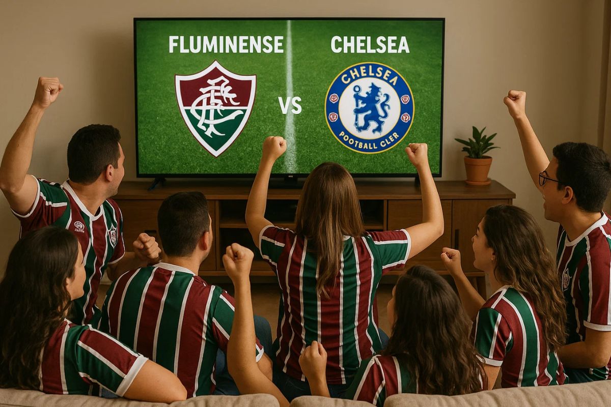 Torcedores na sala vendo o Jogo do fluminense