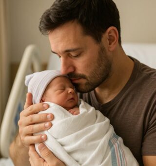 Um pai com seu bebê no colo durante o período de Licença Paternidade
