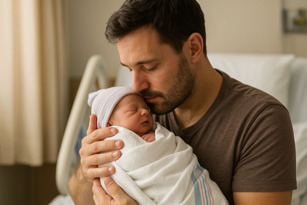 Um pai com seu bebê no colo durante o período de Licença Paternidade