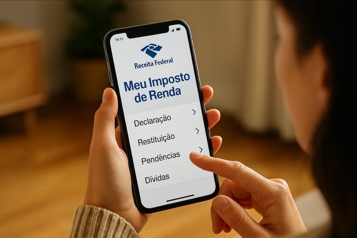 Uma pessoa fazendo a consulta no aplicativo do Meu Imposto de Renda