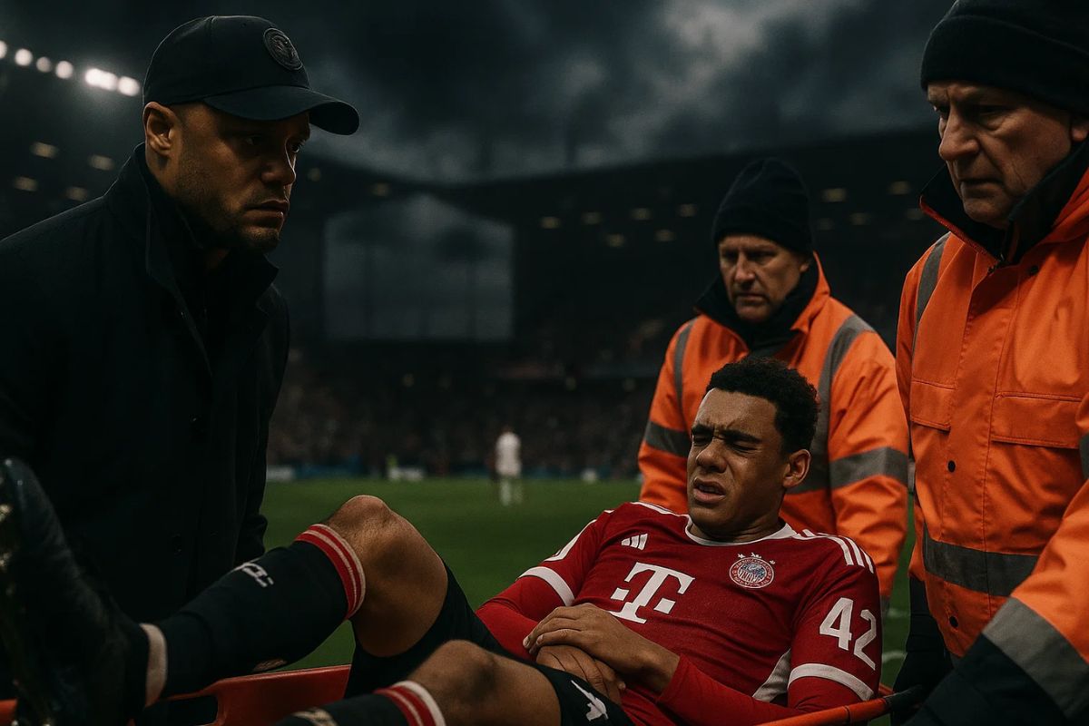 Kompany olhando Musiala na maca