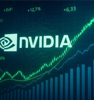 Imagem do logo da NVIDIA frente a uma tela de operações em mercado de ações