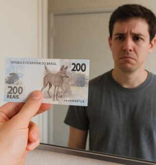 Uma pessoa segura uma nota de R$ 200 em frente ao espelho