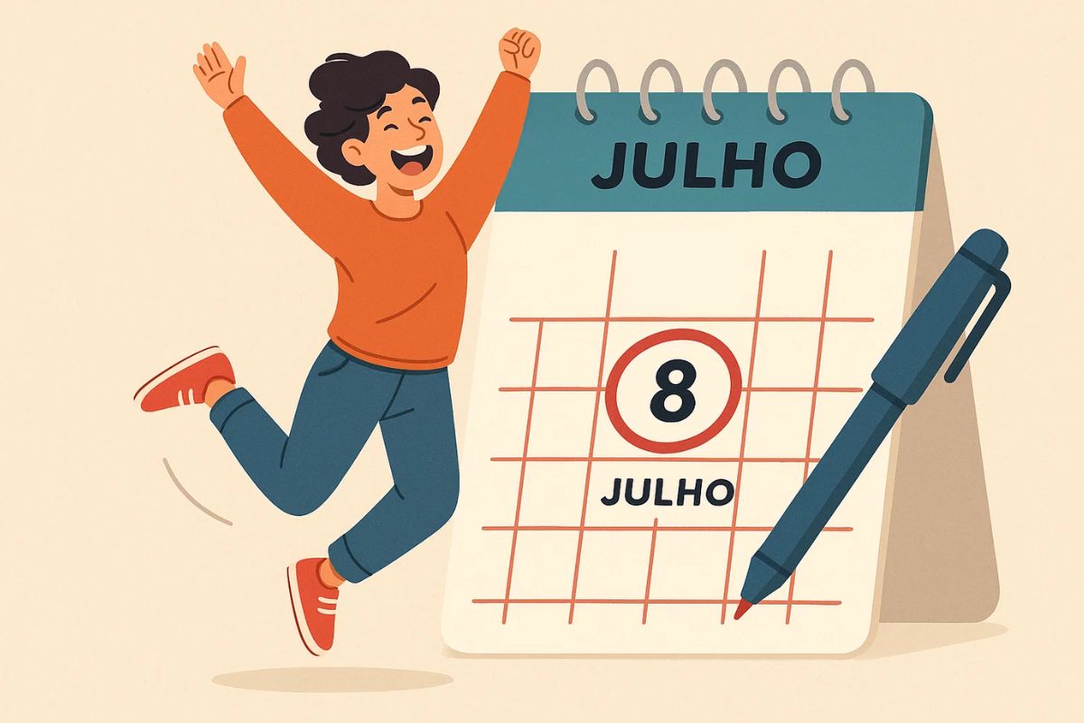 Um homem comemorando pelo Novo feriado no dia 8 de julho