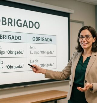 Uma professora ensinando a usar o Obrigado ou obrigada