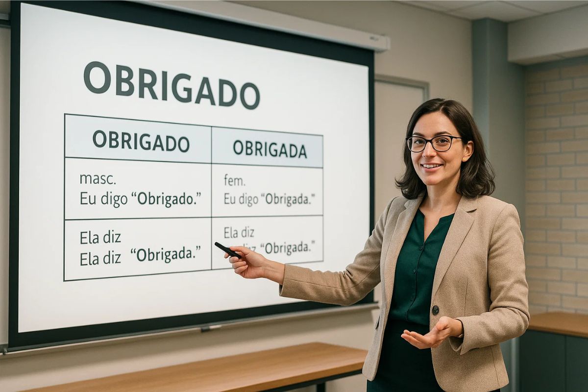 Uma professora ensinando a usar o Obrigado ou obrigada
