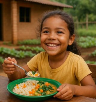 Uma menina comendo em meio a um ambiente rural, provando o Brasil fora do Mapa da fome