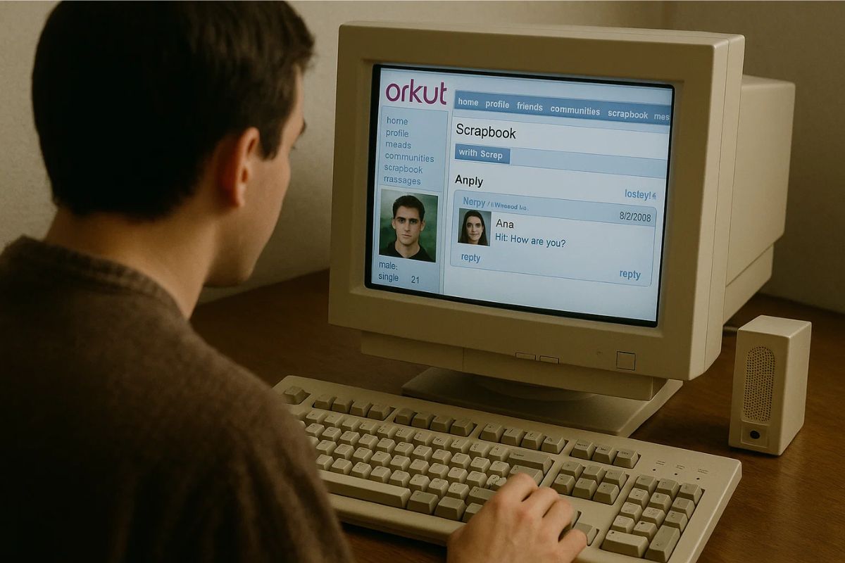 Um jovem está usando o Orkut em seu computador