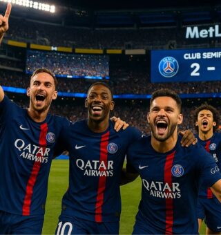Jogadores do PSG comemorando em campo