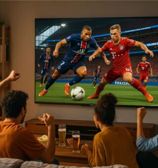 Amigos vibram na sala vendo o jogo do PSG e o Bayern