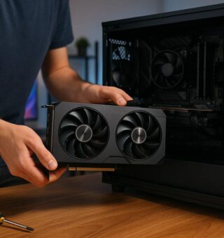 Um rapaz segura uma Placa de vídeo para colocar no seu computador