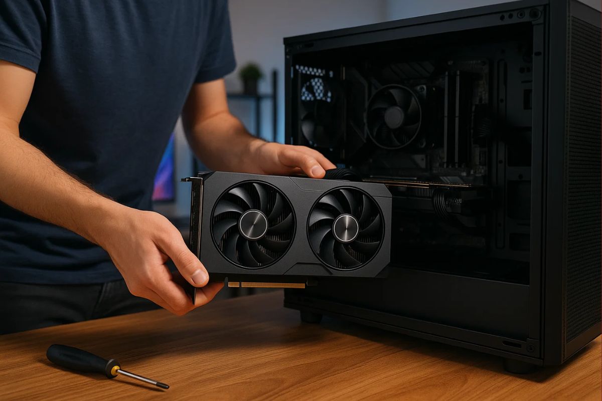 Um rapaz segura uma Placa de vídeo para colocar no seu computador