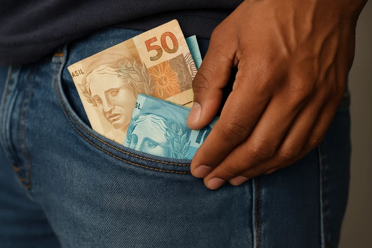Um rapaz guardando o dinheiro no bolso depois de atuar em sua nova profissão