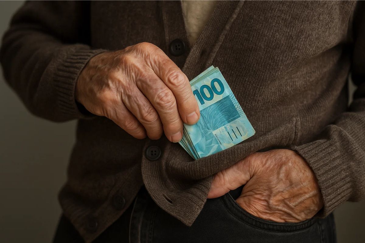 Um idoso colocando R$ 1.000,00 do acordo do INSS no bolso do seu suéter