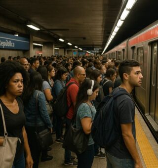 Pessoas dentro do metrô de São Paulo lotado