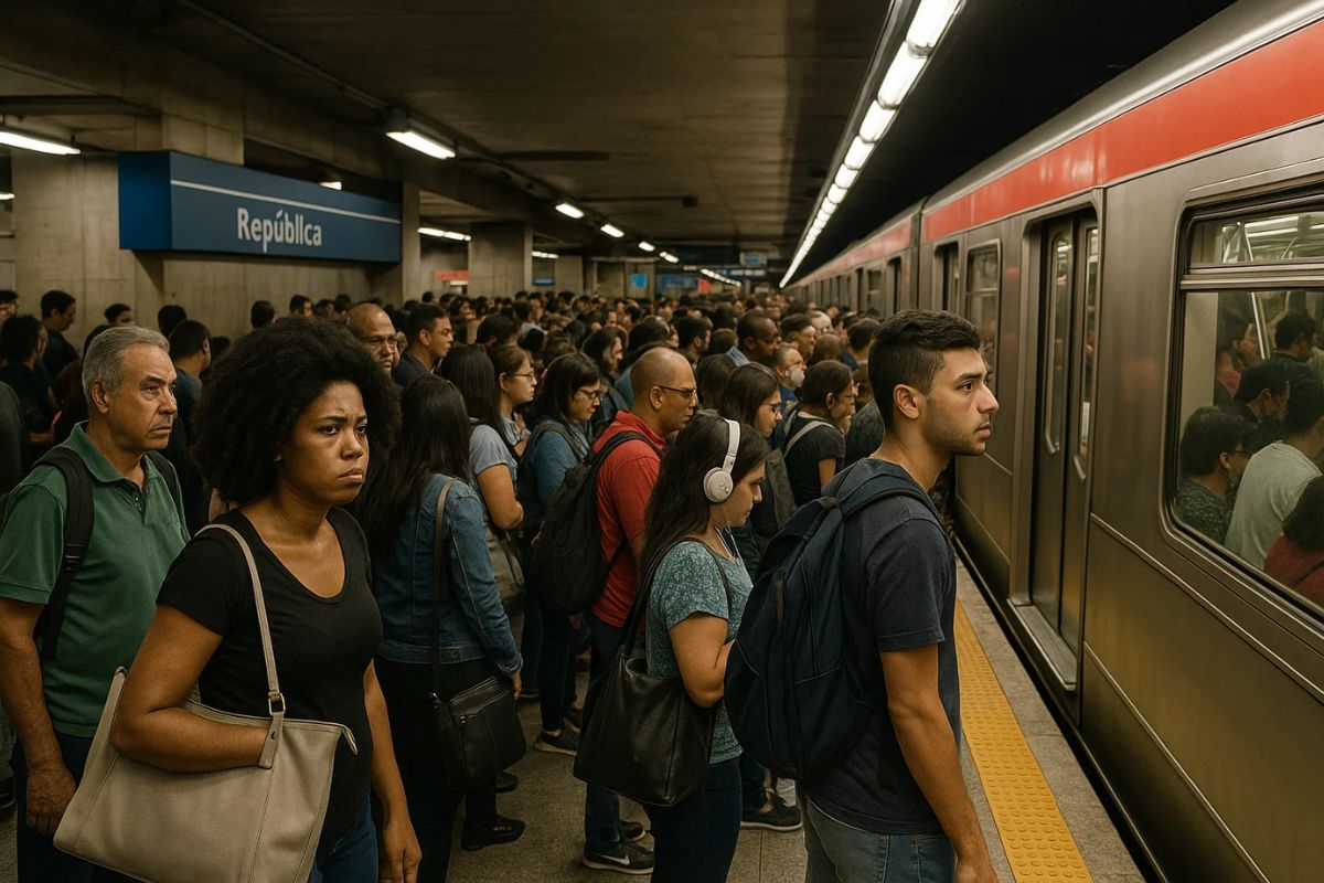 Pessoas dentro do metrô de São Paulo lotado