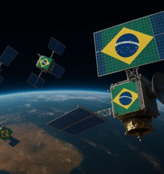 Foto do Satélite nacional, ao fundo está a Terra