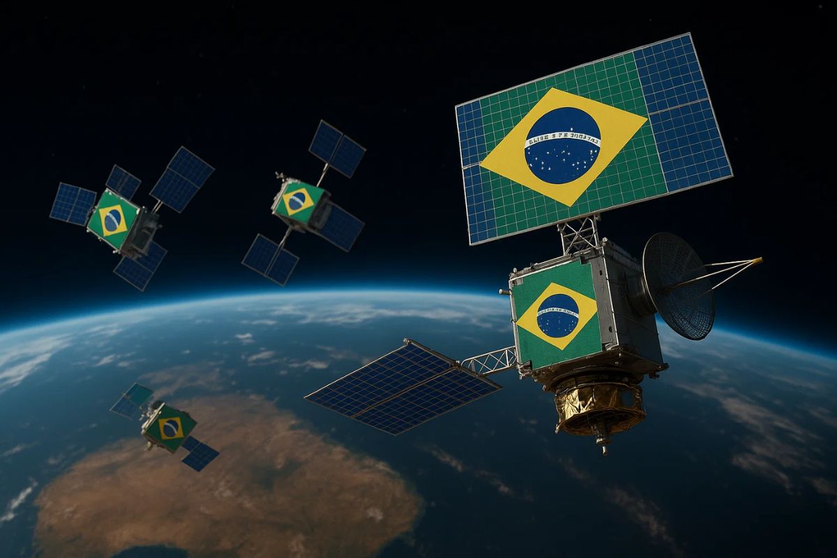 Foto do Satélite nacional, ao fundo está a Terra