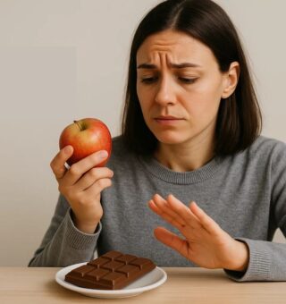 uma mulher comendo maça com ansiedade ao invés do chocolate