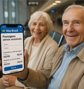 um casal de idosos com o celular na mão mostram que estão viajando com passagens do Voa Brasil