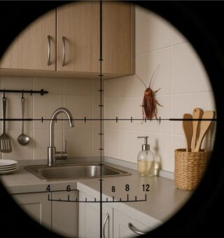 Uma visão de scope mirando em uma barata na parede da cozinha