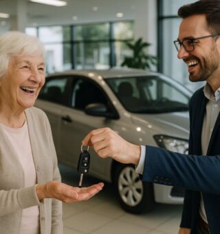 Uma idosa do grupo de brasileiros 60+ comprando um carro. Ela está feliz recebendo a chave na mão