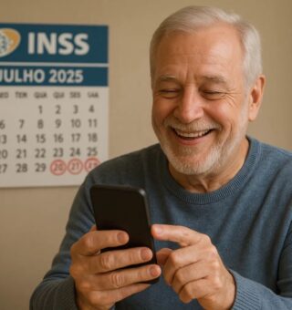 Um senhor sorrindo vendo o calendário de pagamentos do INSS