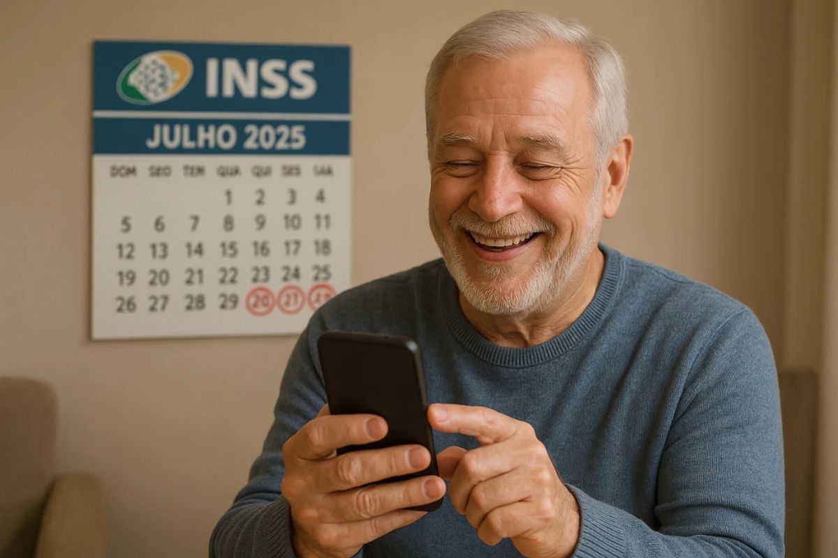 Um senhor sorrindo vendo o calendário de pagamentos do INSS
