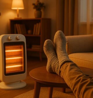 Uma pessoa com meia para fugir do Frio no pé em frente a um aquecedor