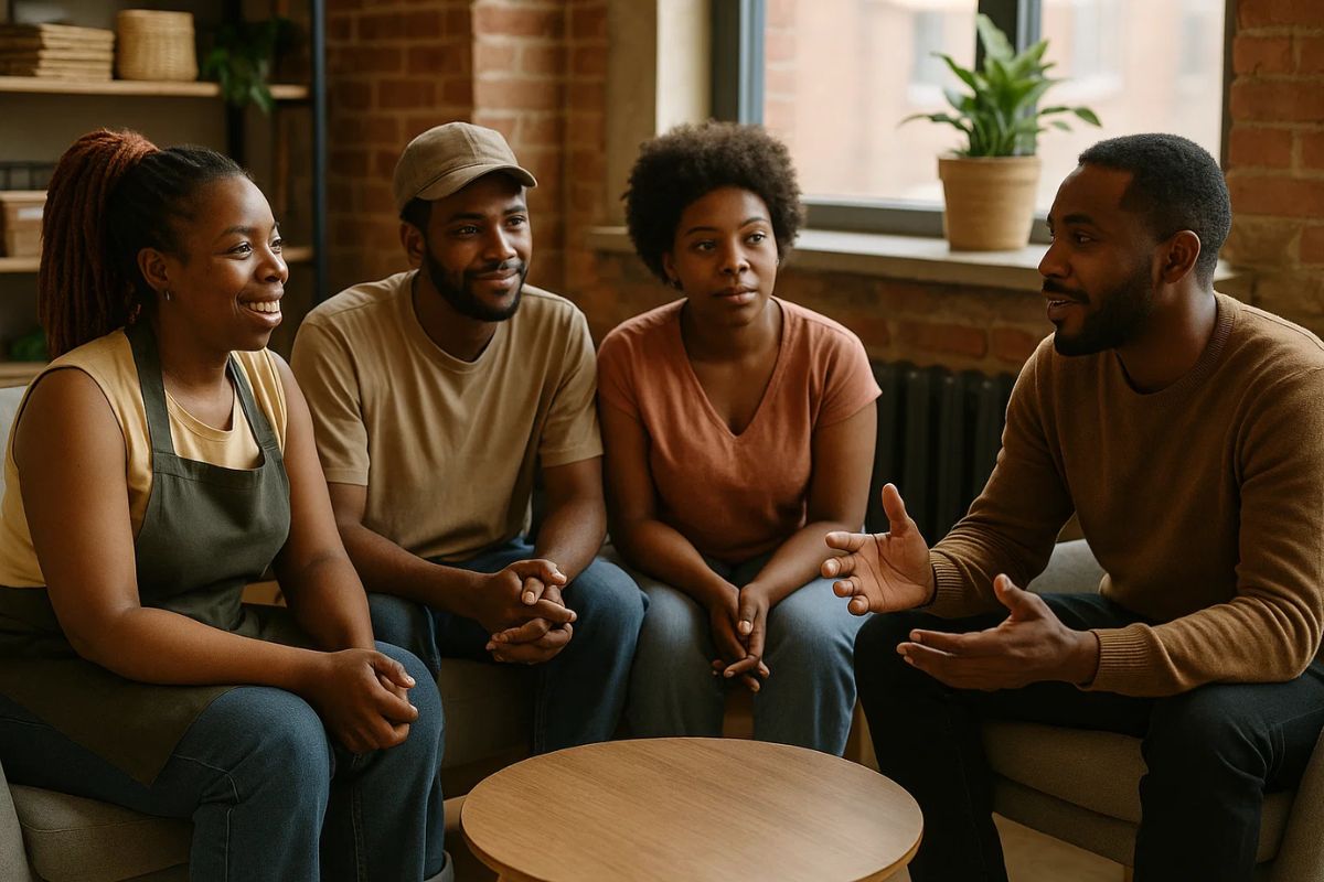 um grupo de empreendedores conversando durante a mentoria exclusiva e 100% gratuita para negros