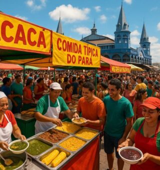 Imagem do Mercado Ver-o-peso no dia de evento com um monte de pessoas entre as barracas de comidas típicas