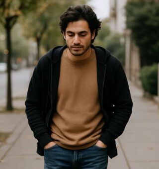 Um rapaz cabisbaixo pensando sobre o que significa andar com as mãos nos bolsos