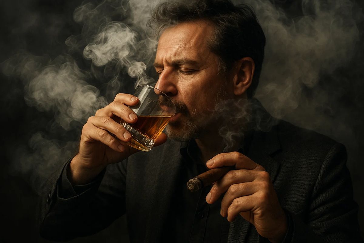 Um homem fumando e bebendo após o anúncio da OMS