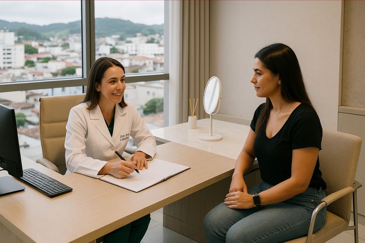 Uma mulher sendo atendida para obter plásticas mais baratas em Ubá