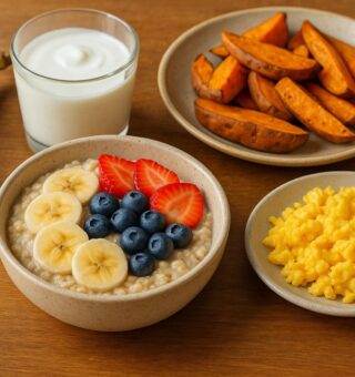 Uma mesa de café da manhã com alimentos perfeitos para o pré-treino